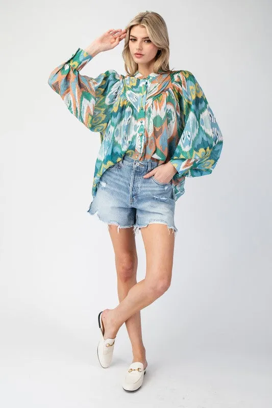 Print Bubble Sleeve Blouse