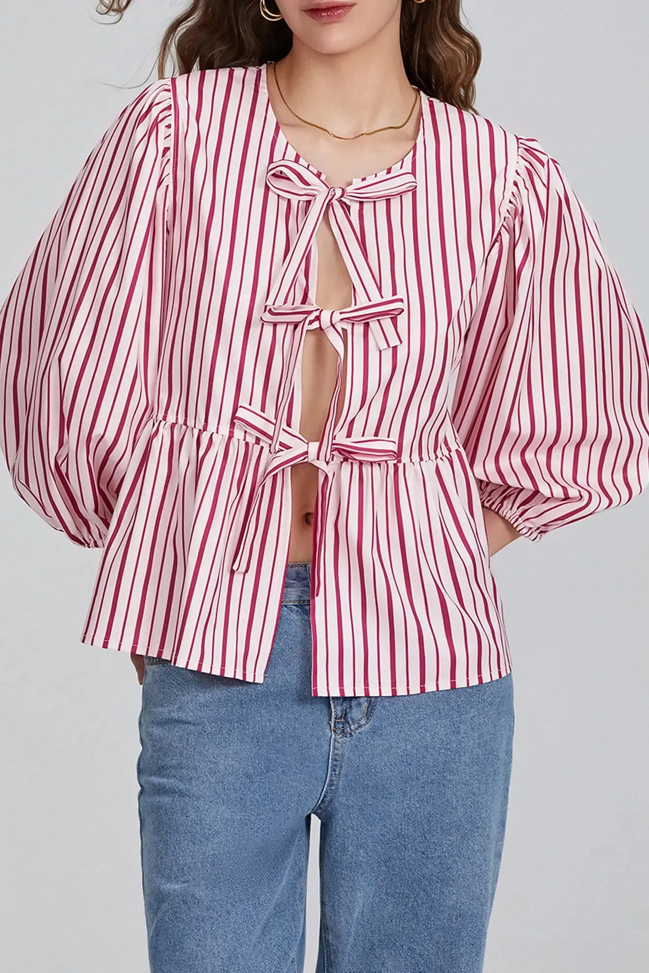 Puff Sleeve Peplum Bow Ties Blouse Top
