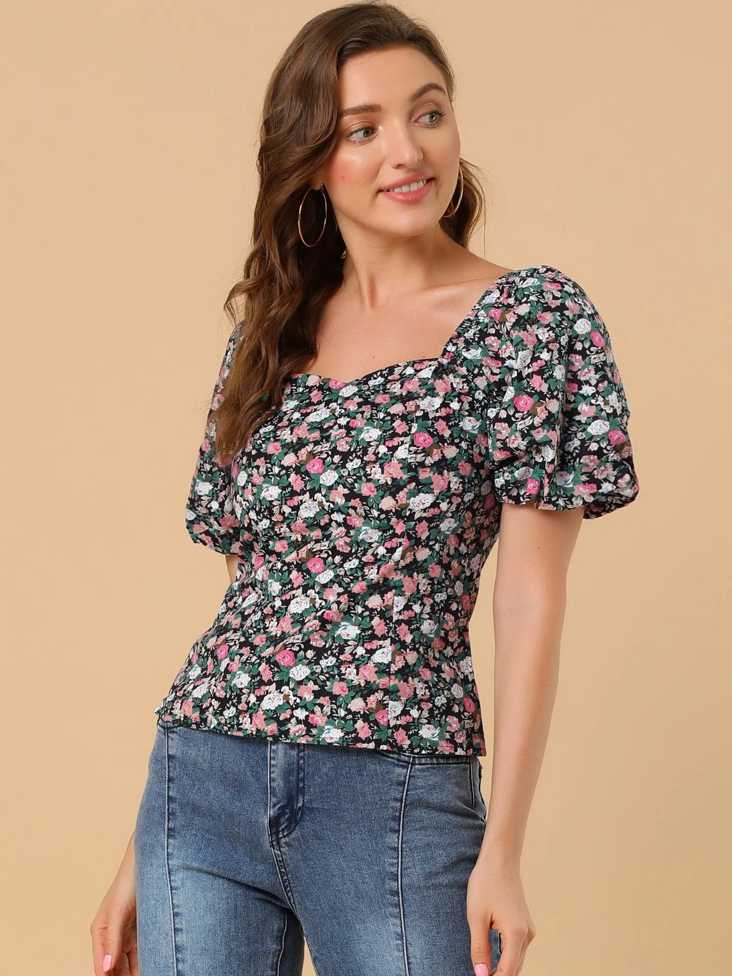 Puff Sleeve Square Neck Peasant Floral Blouse Top