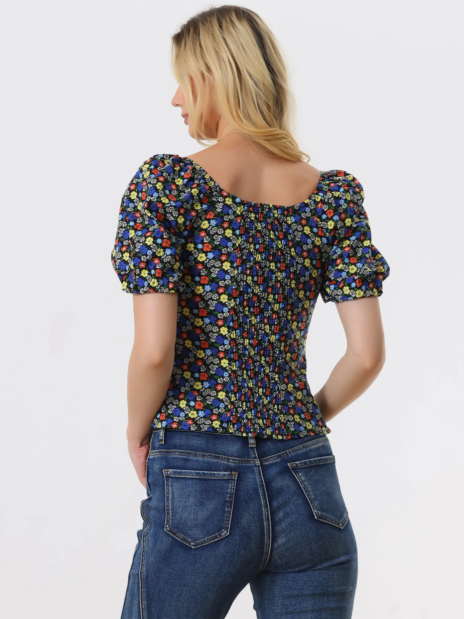 Puff Sleeve Square Neck Peasant Floral Blouse Top