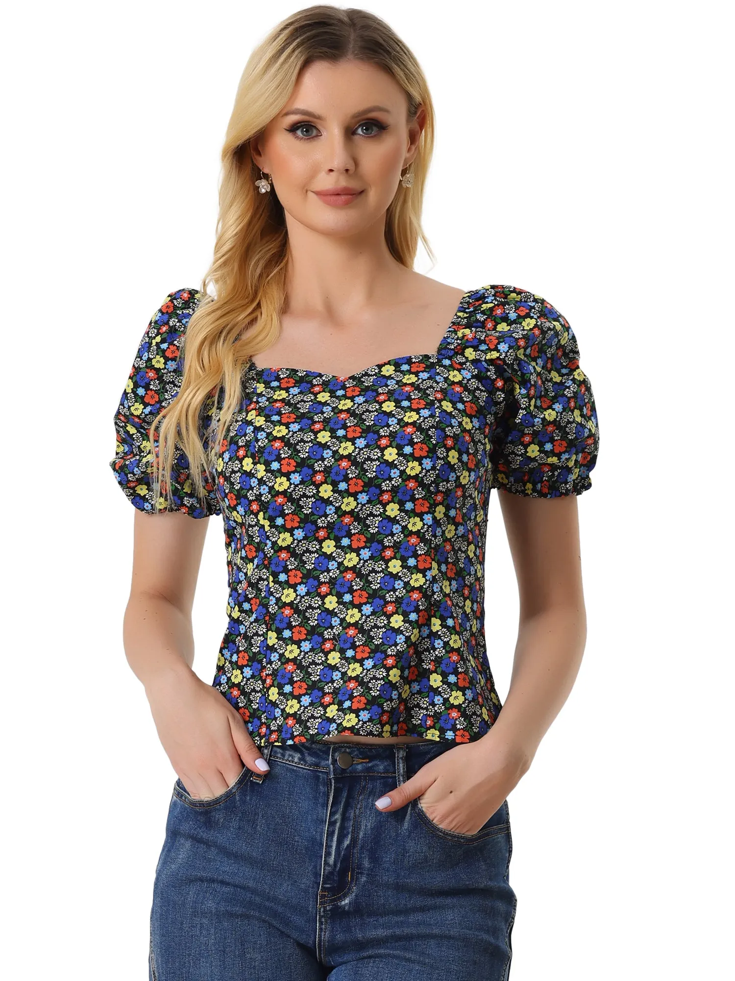 Puff Sleeve Square Neck Peasant Floral Blouse Top
