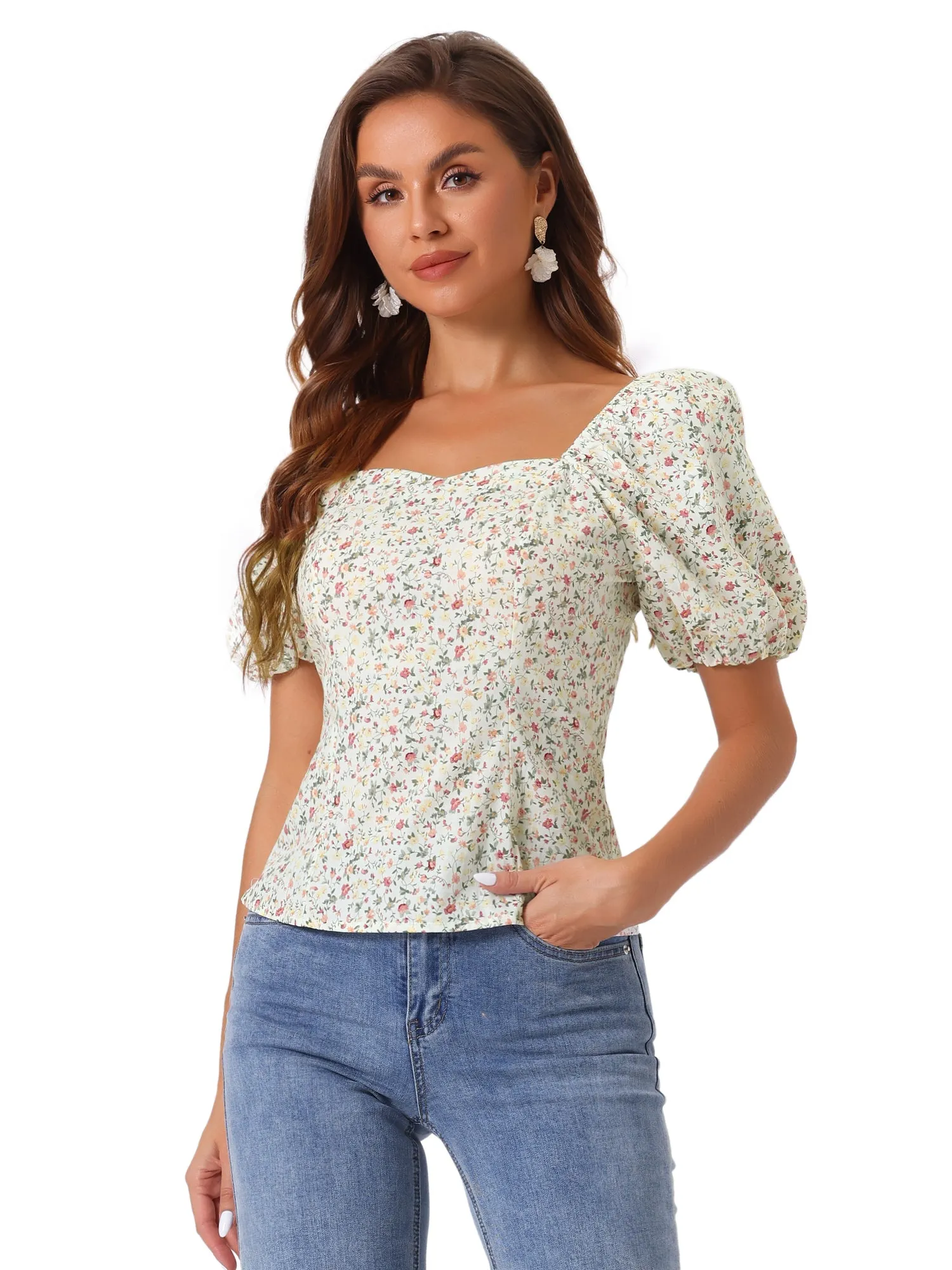 Puff Sleeve Square Neck Peasant Floral Blouse Top