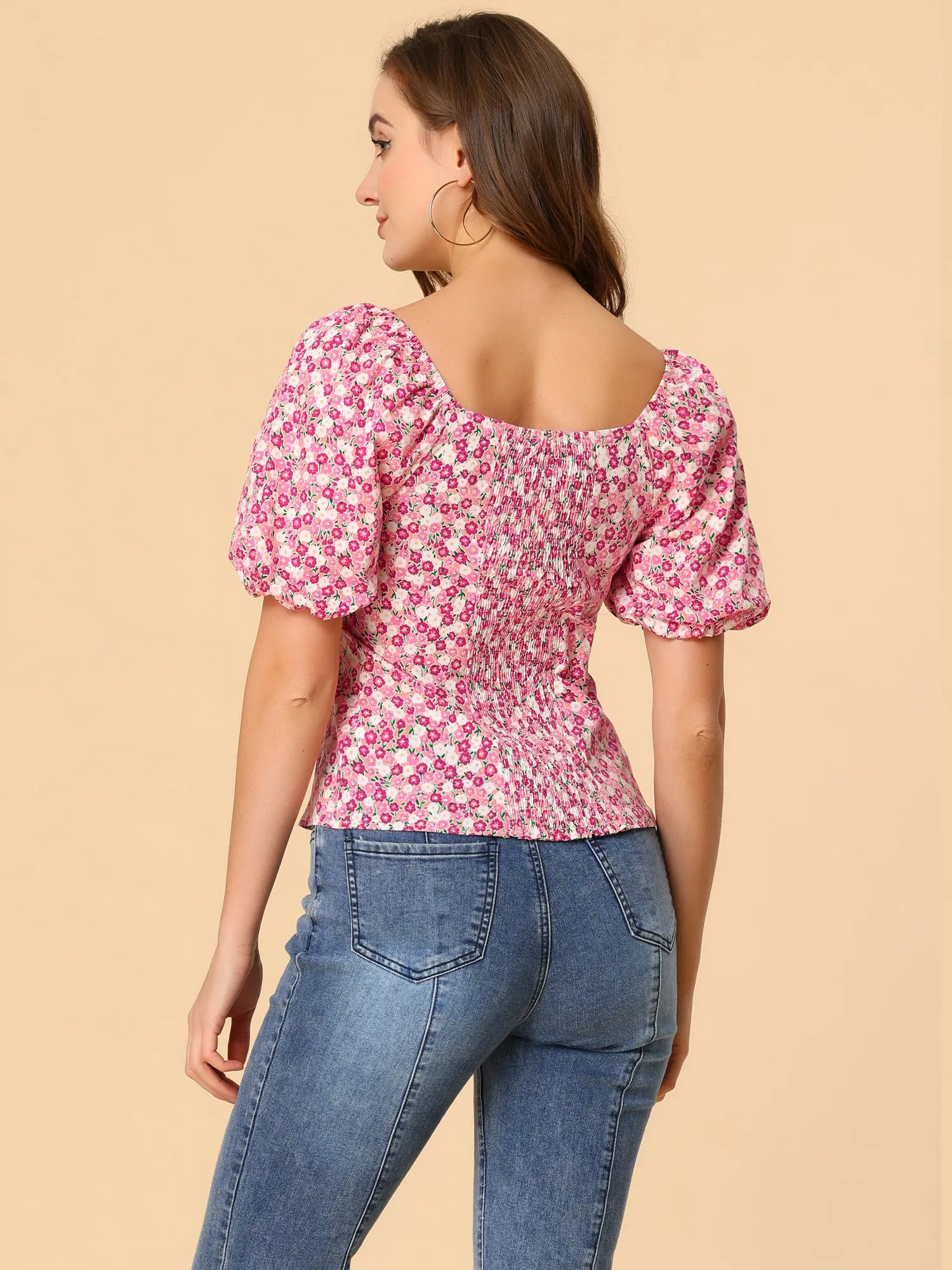 Puff Sleeve Square Neck Peasant Floral Blouse Top