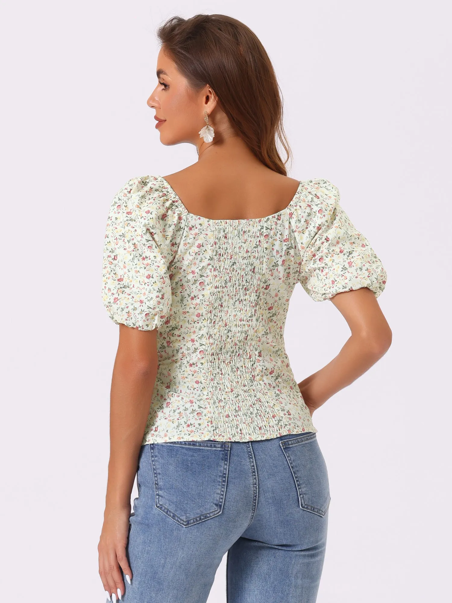 Puff Sleeve Square Neck Peasant Floral Blouse Top