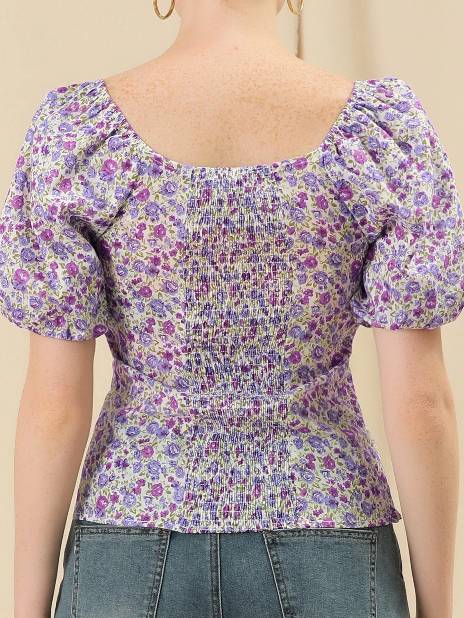 Puff Sleeve Square Neck Peasant Floral Blouse Top