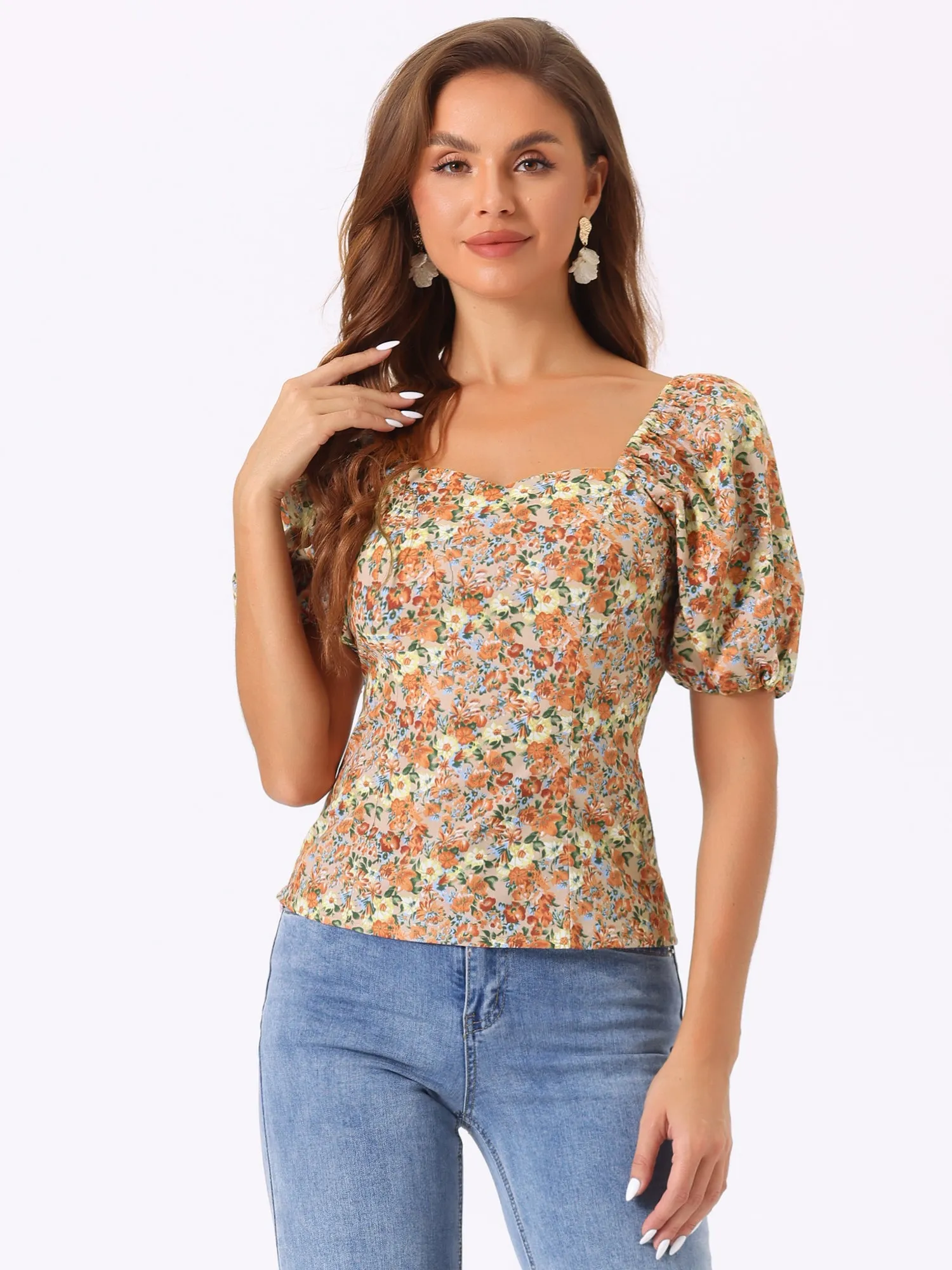 Puff Sleeve Square Neck Peasant Floral Blouse Top