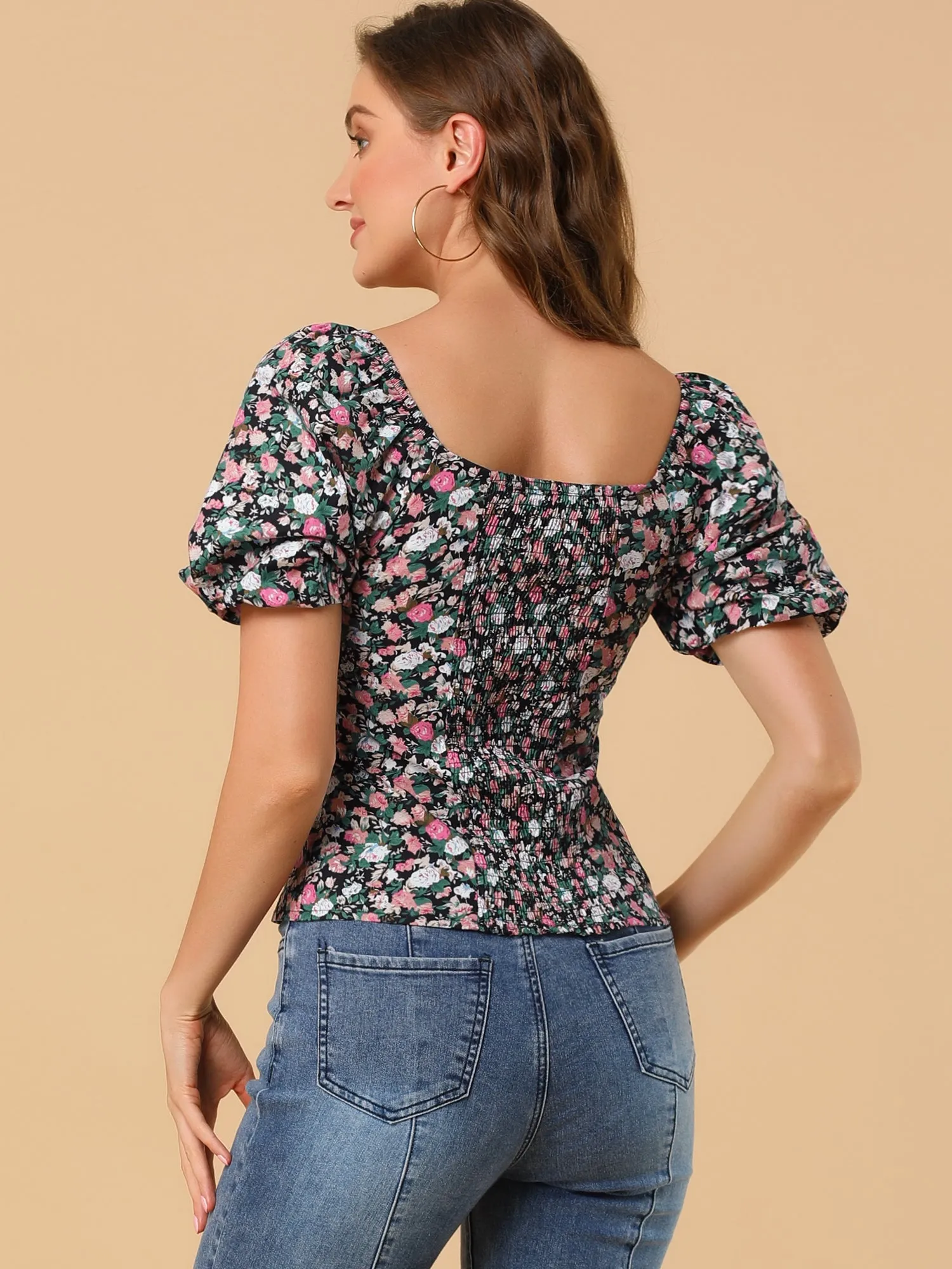 Puff Sleeve Square Neck Peasant Floral Blouse Top