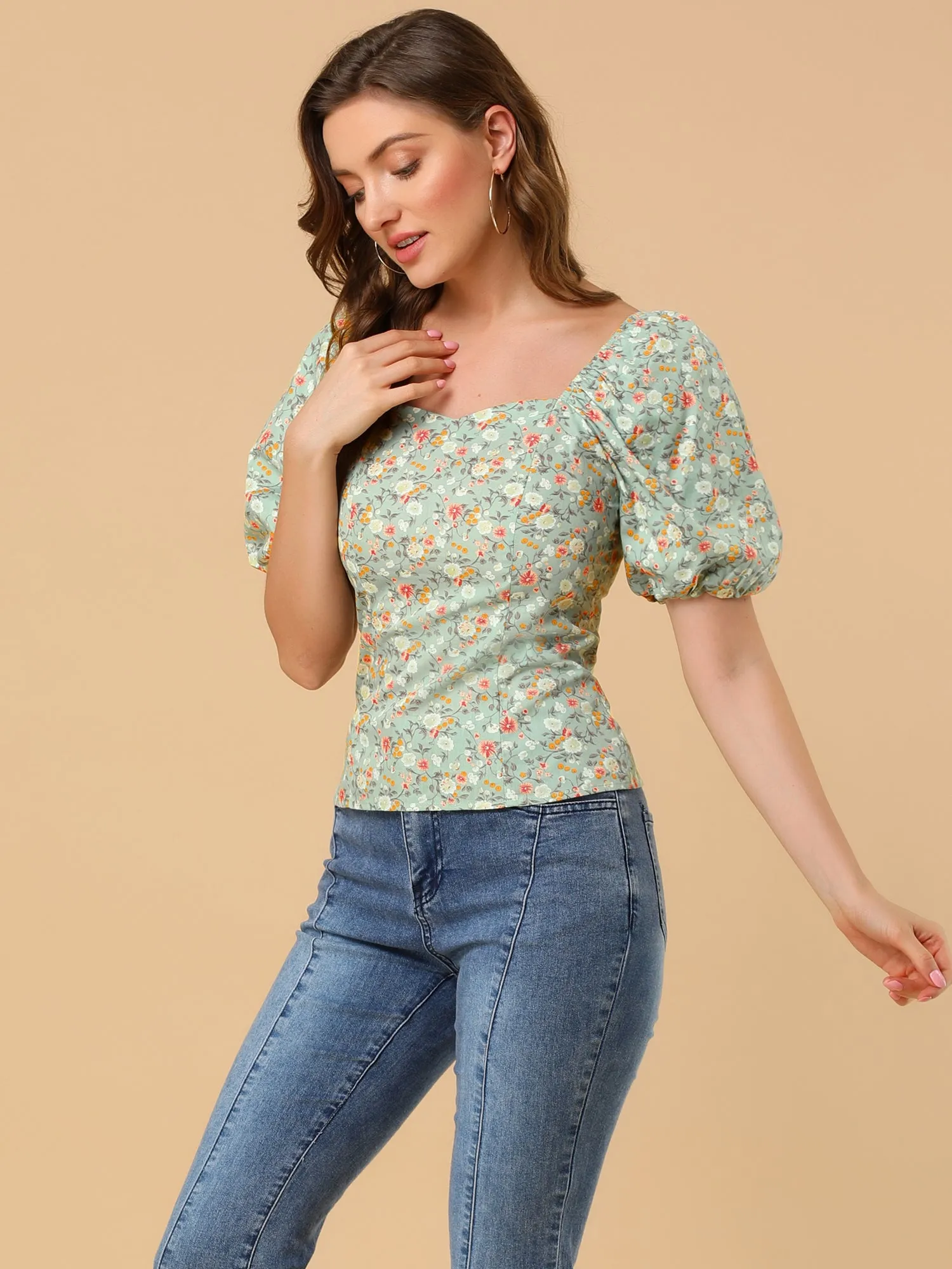 Puff Sleeve Square Neck Peasant Floral Blouse Top