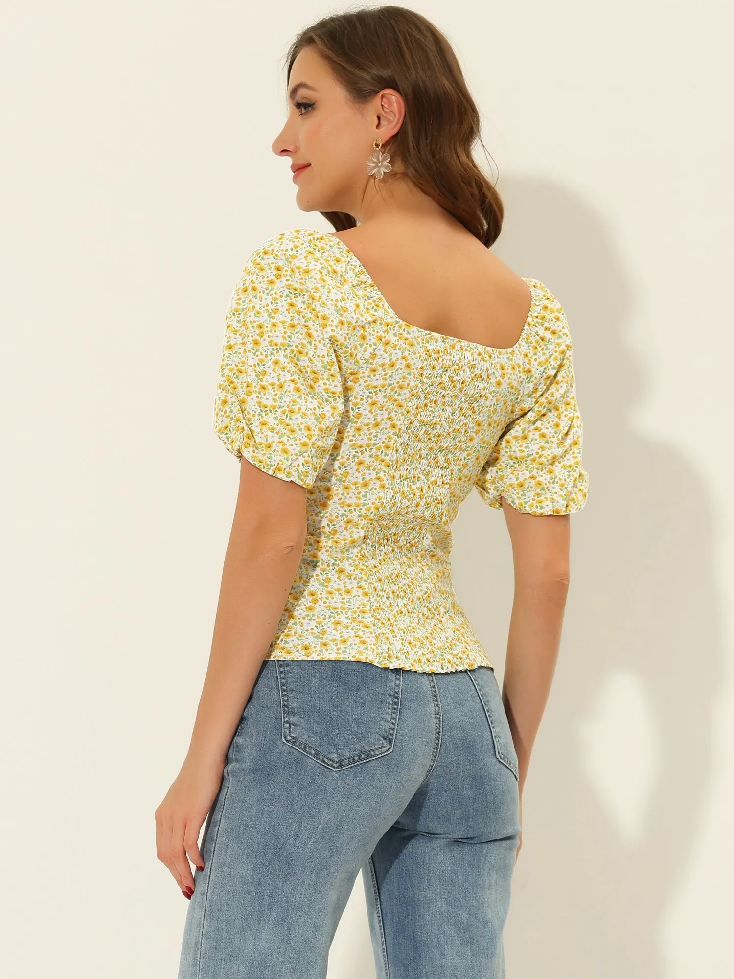 Puff Sleeve Square Neck Peasant Floral Blouse Top