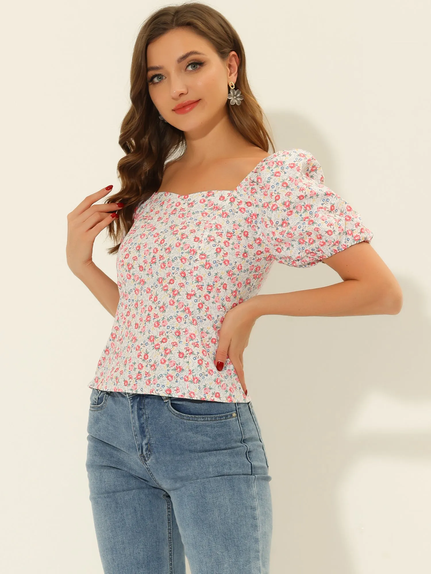 Puff Sleeve Square Neck Peasant Floral Blouse Top