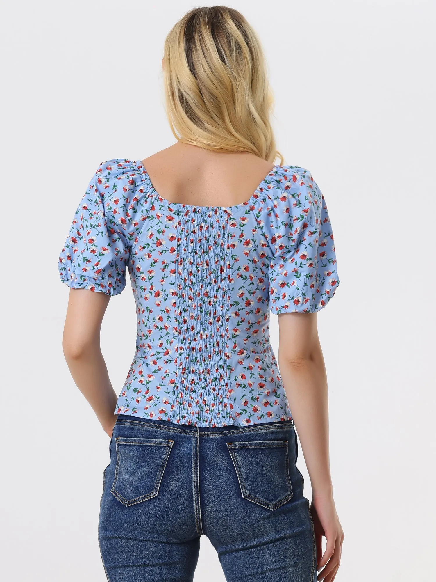 Puff Sleeve Square Neck Peasant Floral Blouse Top