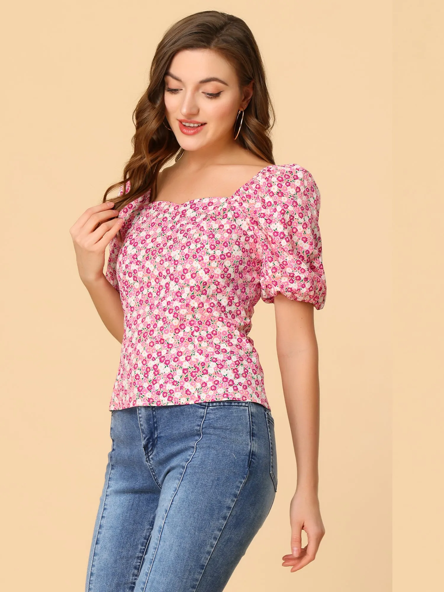 Puff Sleeve Square Neck Peasant Floral Blouse Top