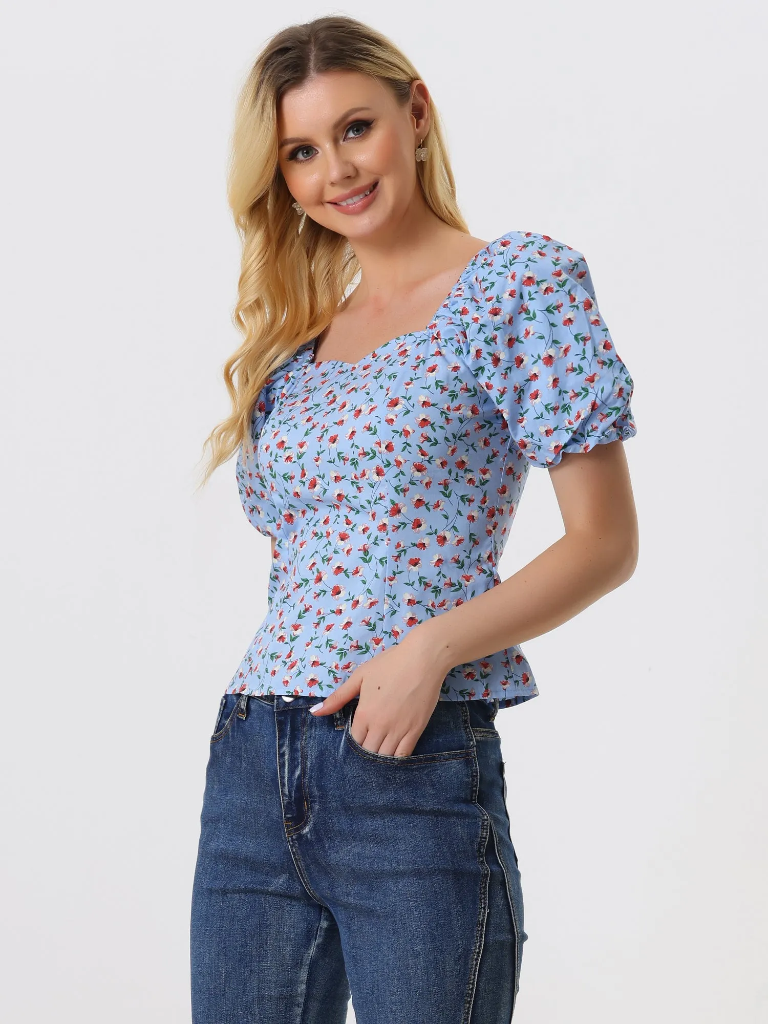 Puff Sleeve Square Neck Peasant Floral Blouse Top