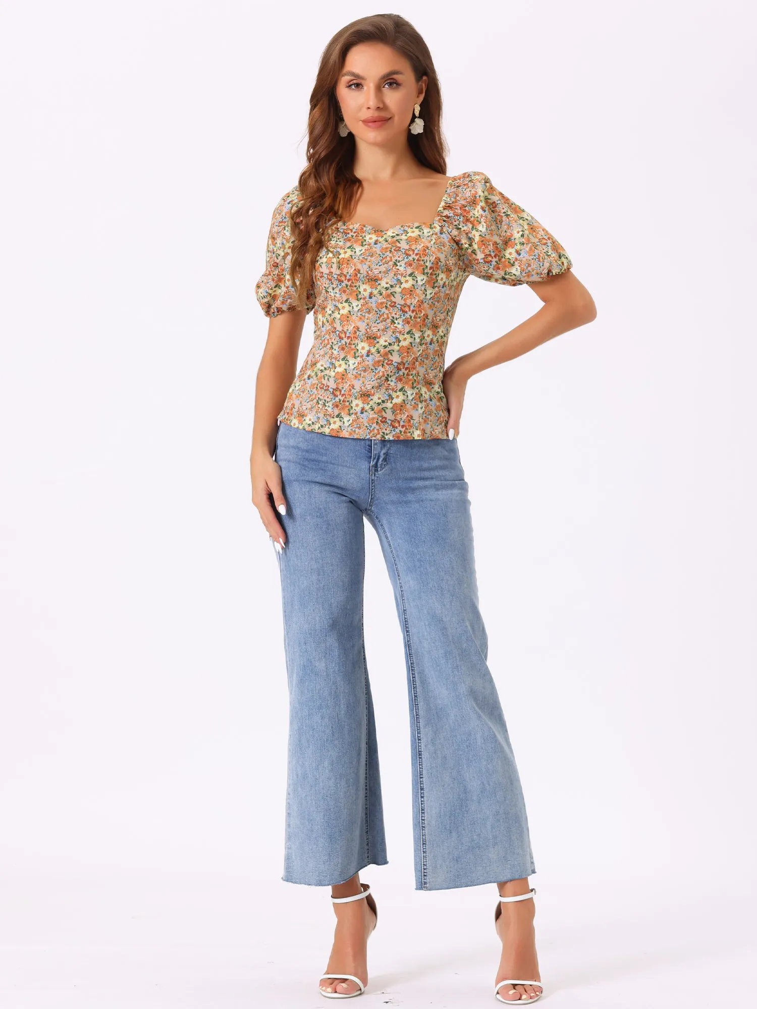 Puff Sleeve Square Neck Peasant Floral Blouse Top