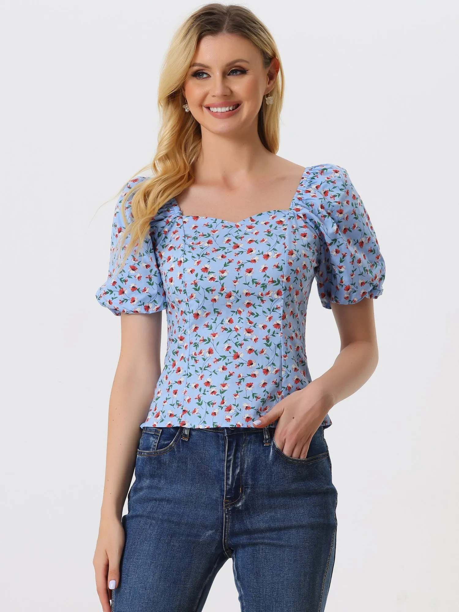Puff Sleeve Square Neck Peasant Floral Blouse Top