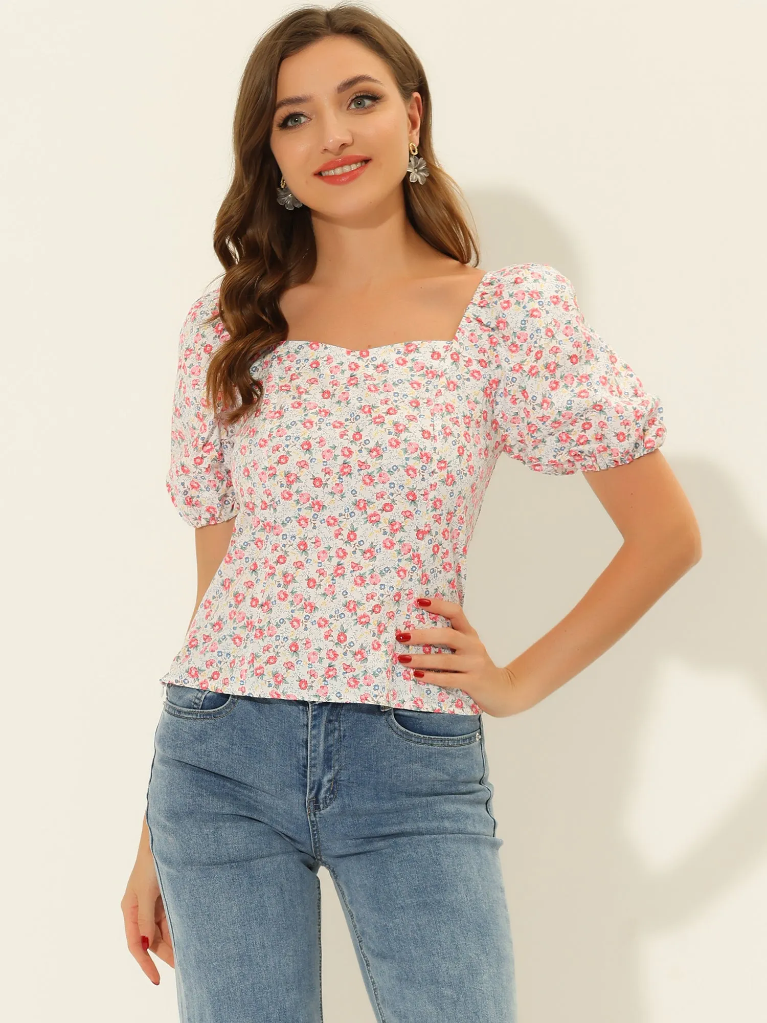 Puff Sleeve Square Neck Peasant Floral Blouse Top