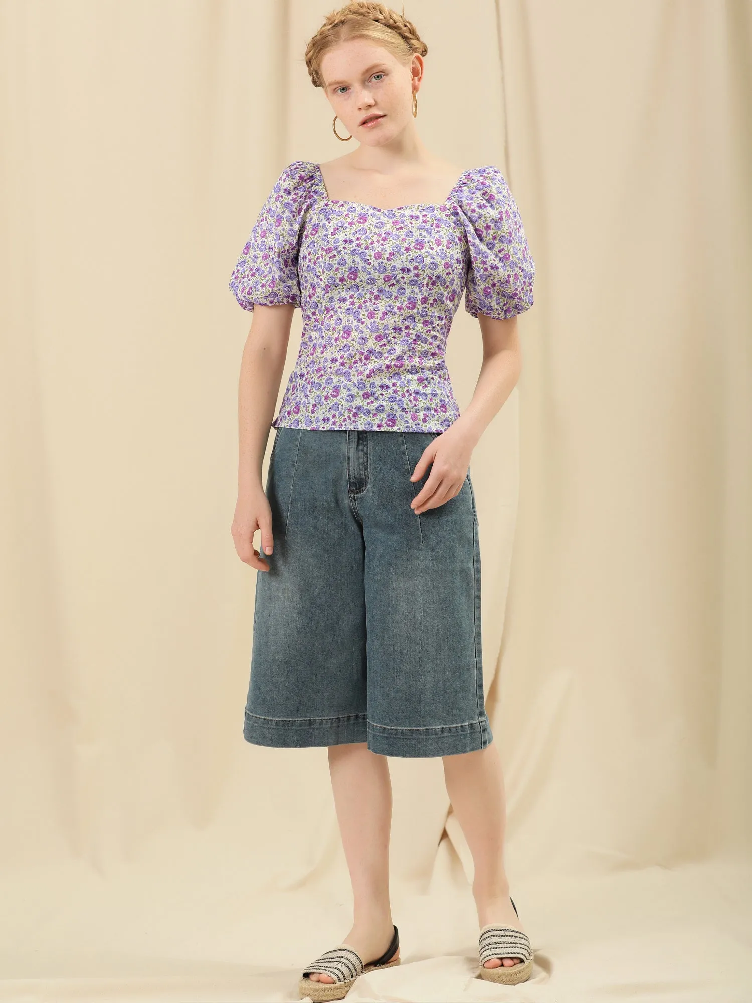 Puff Sleeve Square Neck Peasant Floral Blouse Top