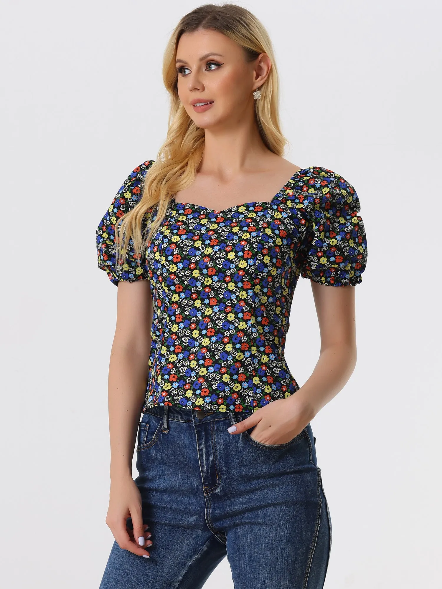 Puff Sleeve Square Neck Peasant Floral Blouse Top