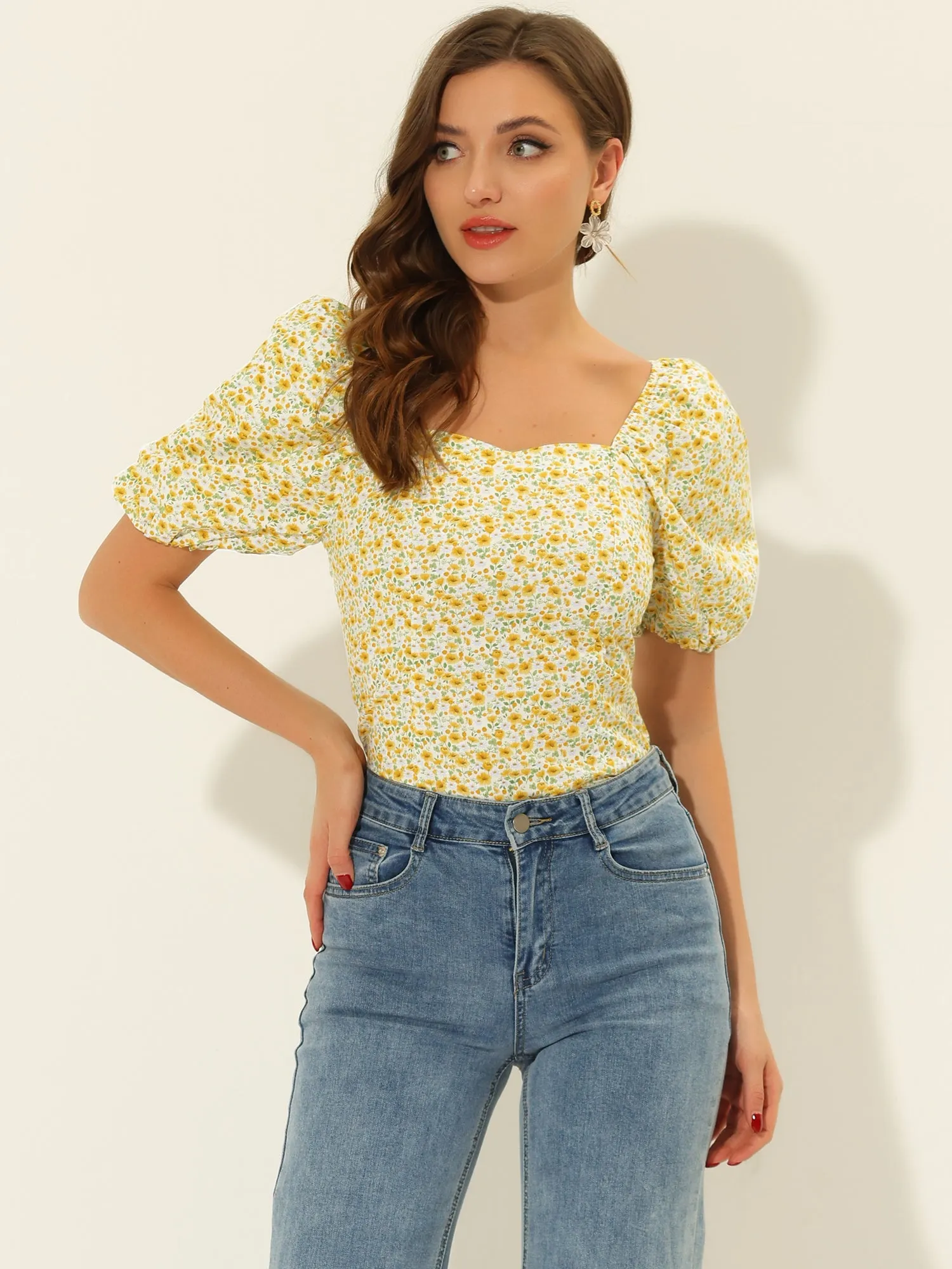Puff Sleeve Square Neck Peasant Floral Blouse Top