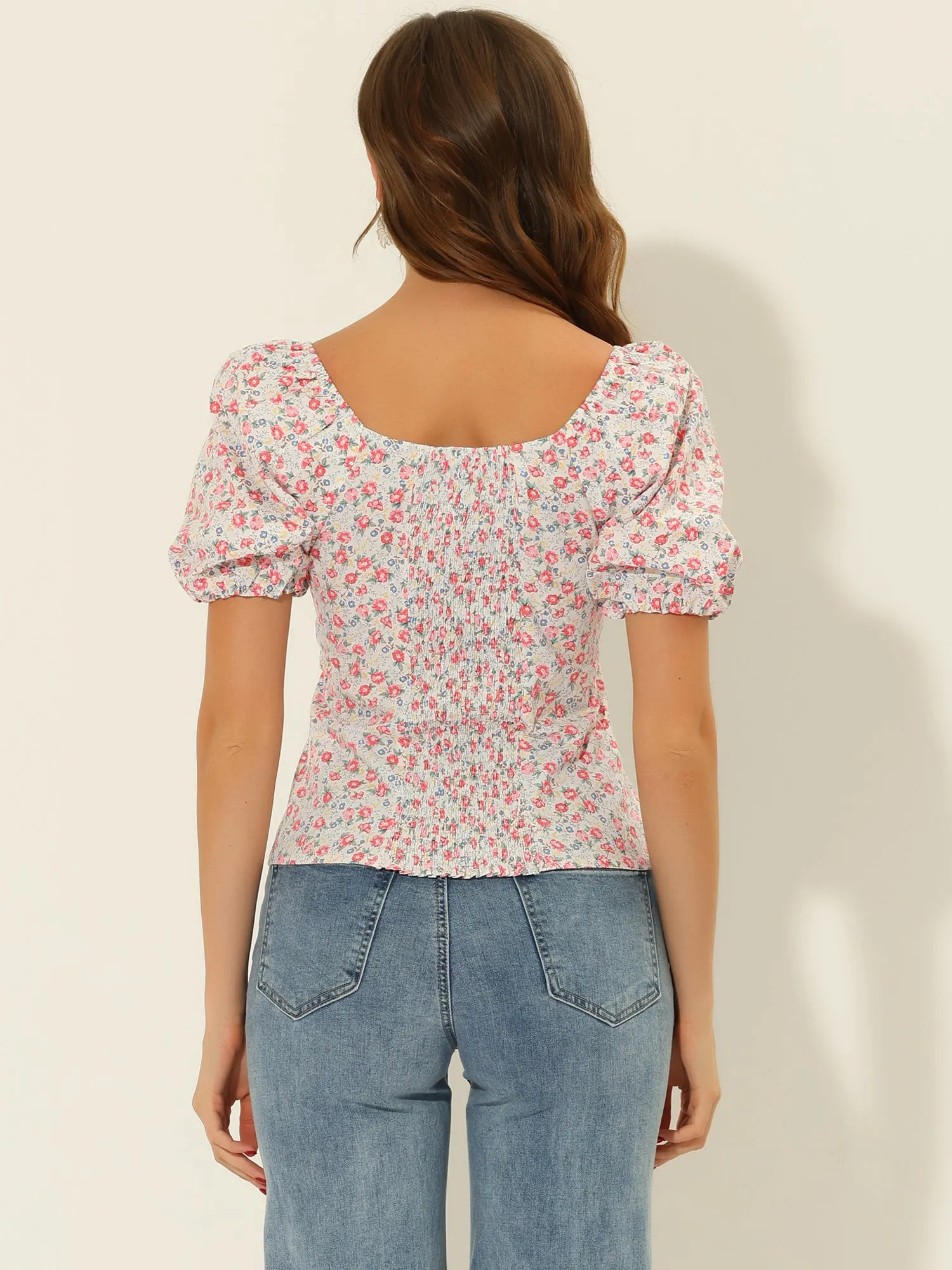 Puff Sleeve Square Neck Peasant Floral Blouse Top