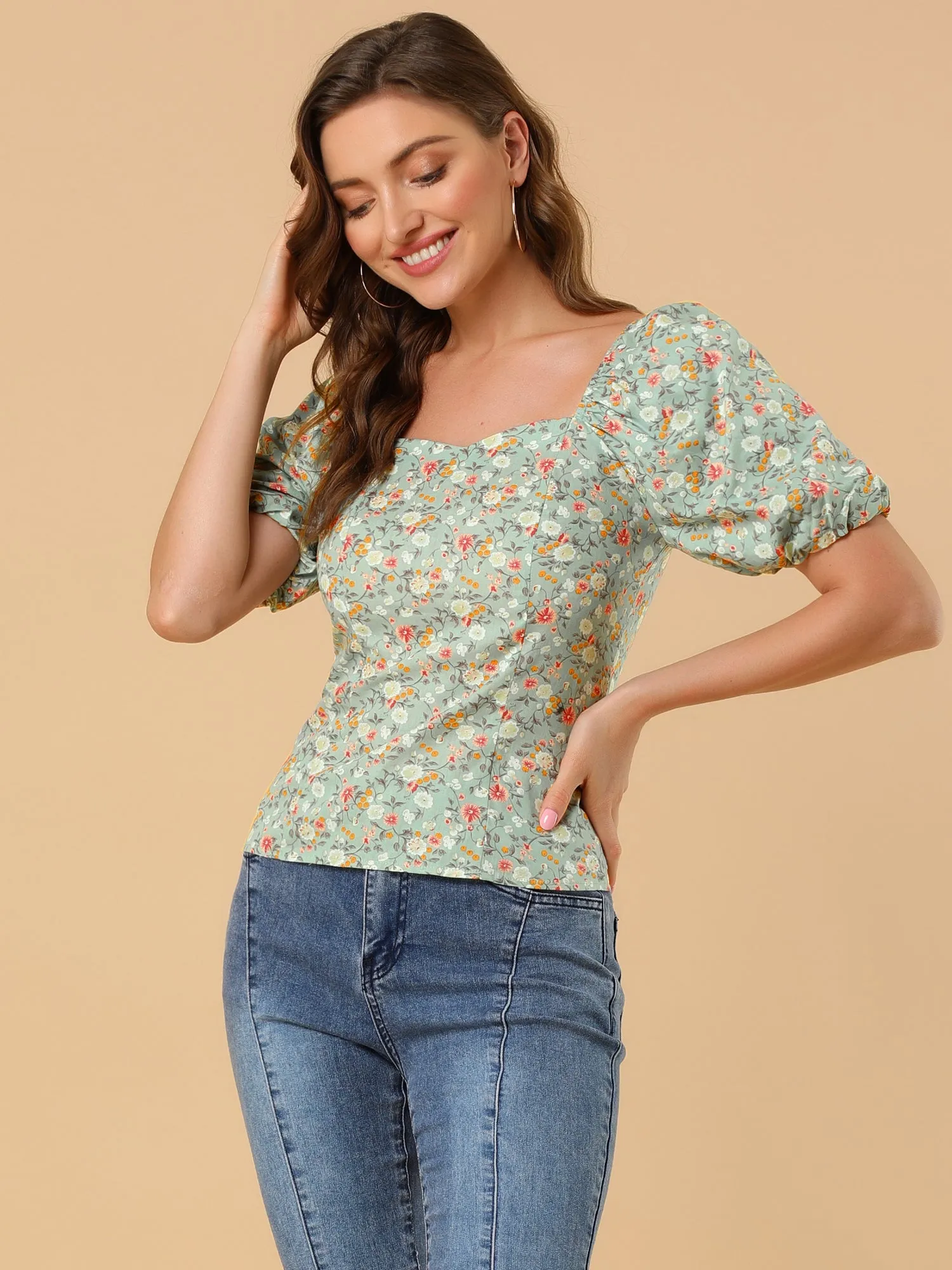 Puff Sleeve Square Neck Peasant Floral Blouse Top
