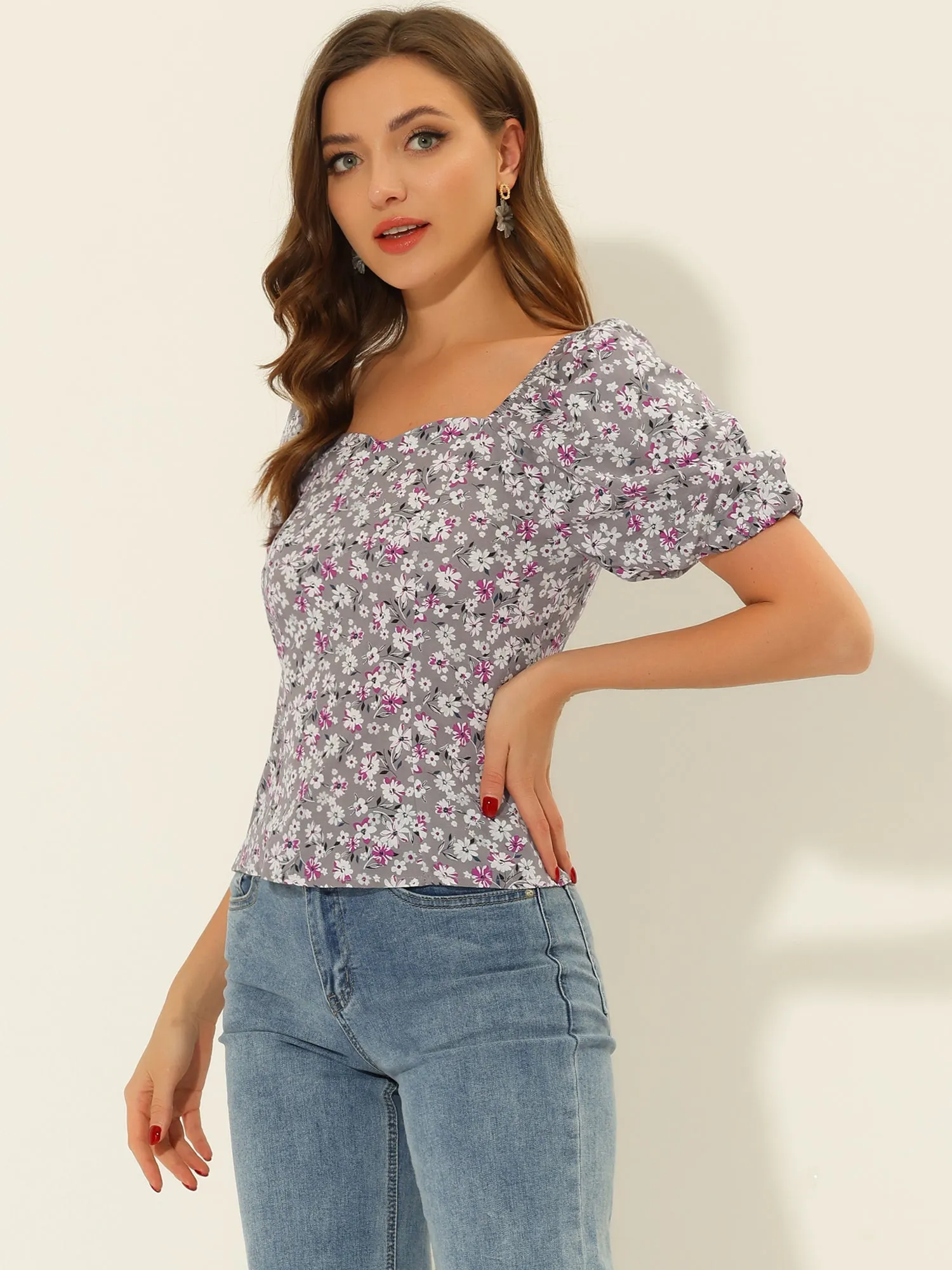 Puff Sleeve Square Neck Peasant Floral Blouse Top