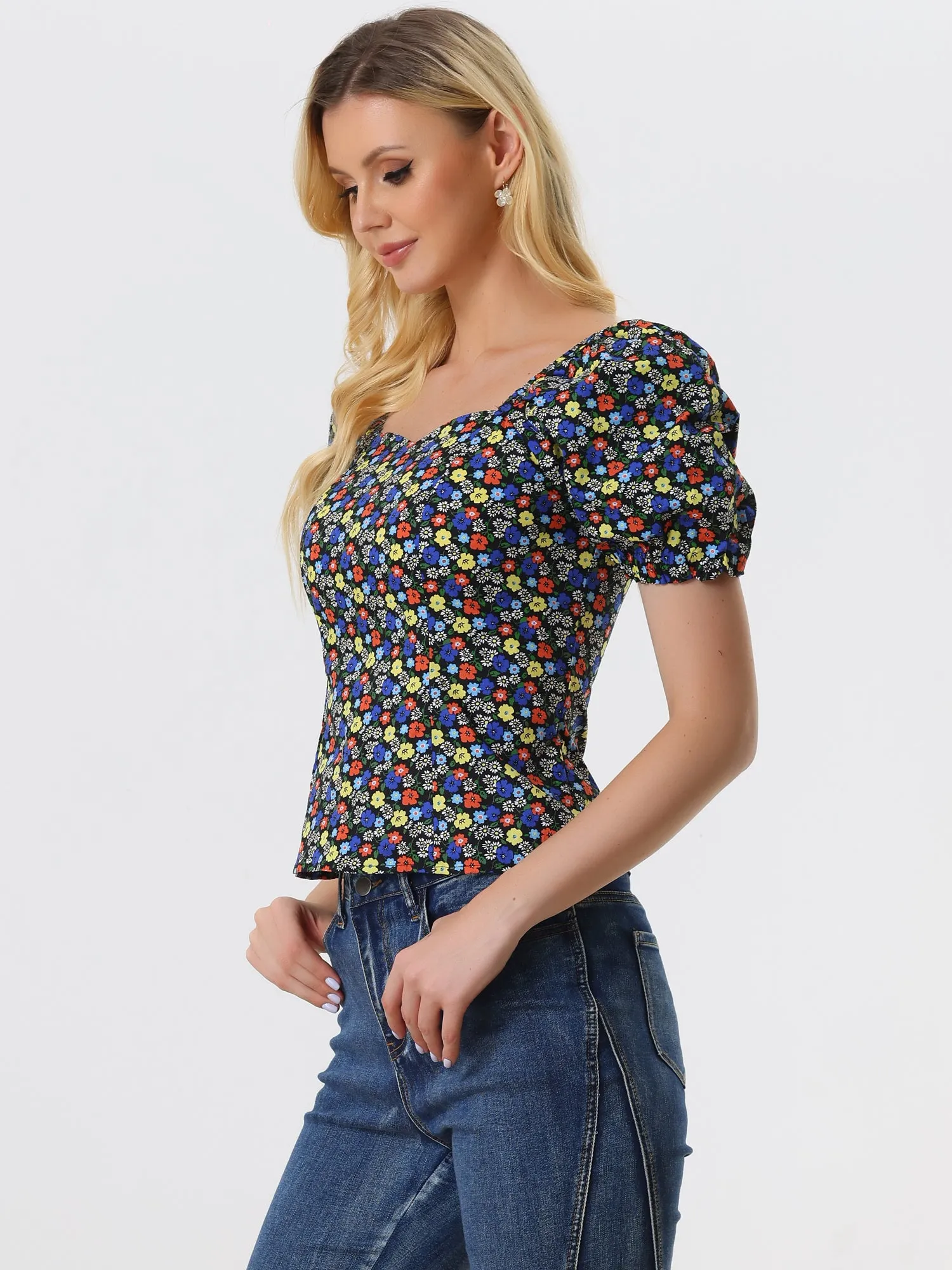 Puff Sleeve Square Neck Peasant Floral Blouse Top