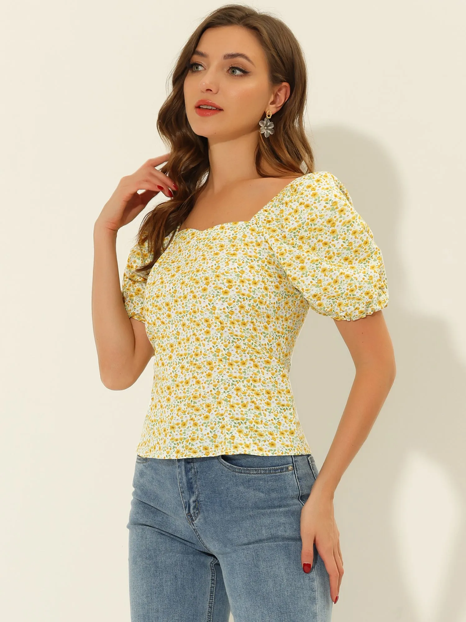 Puff Sleeve Square Neck Peasant Floral Blouse Top
