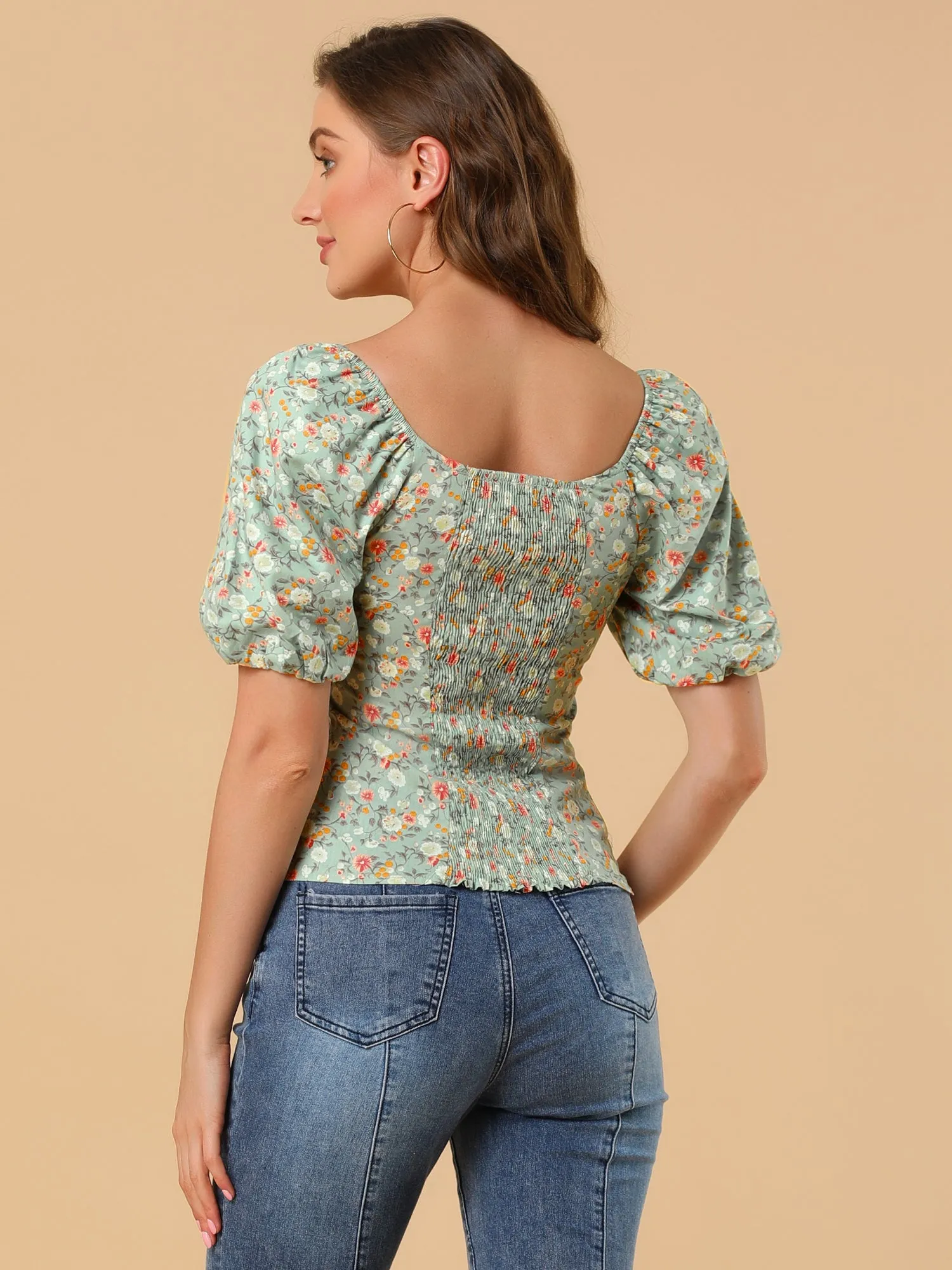 Puff Sleeve Square Neck Peasant Floral Blouse Top