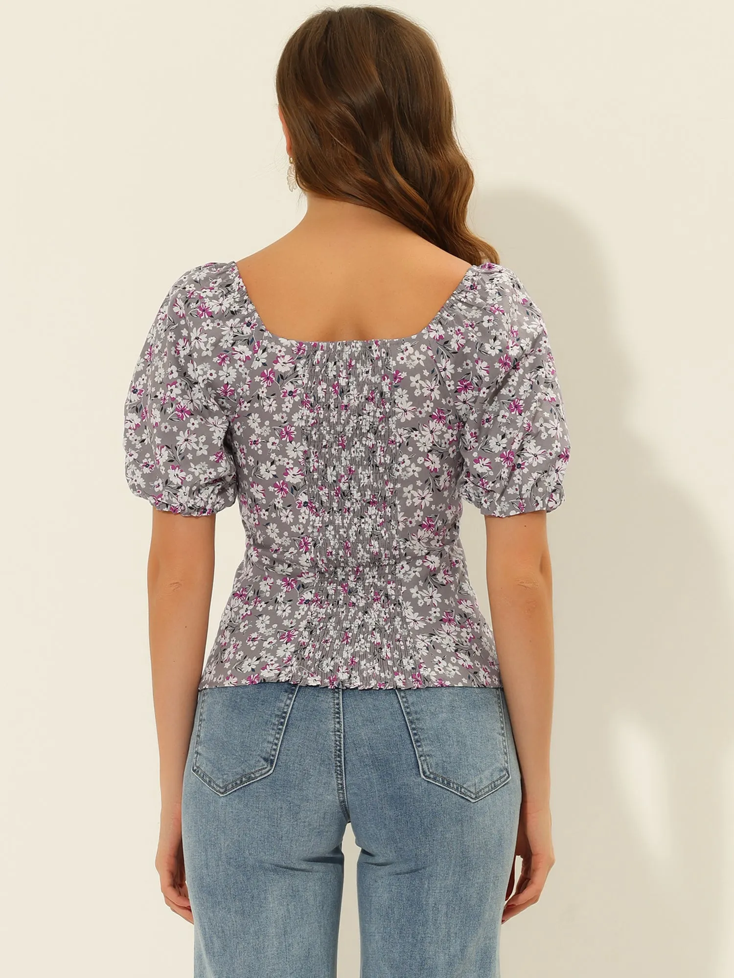 Puff Sleeve Square Neck Peasant Floral Blouse Top