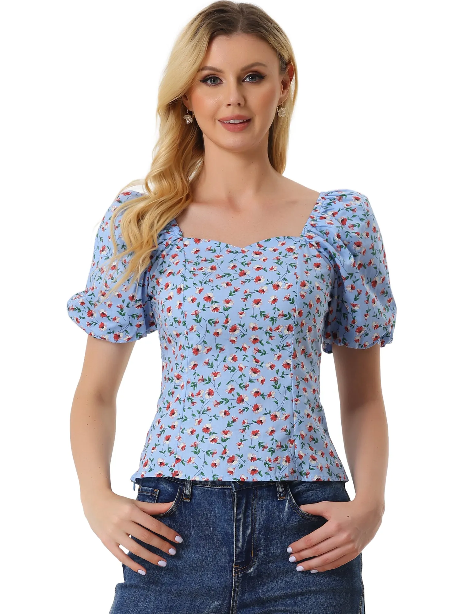 Puff Sleeve Square Neck Peasant Floral Blouse Top