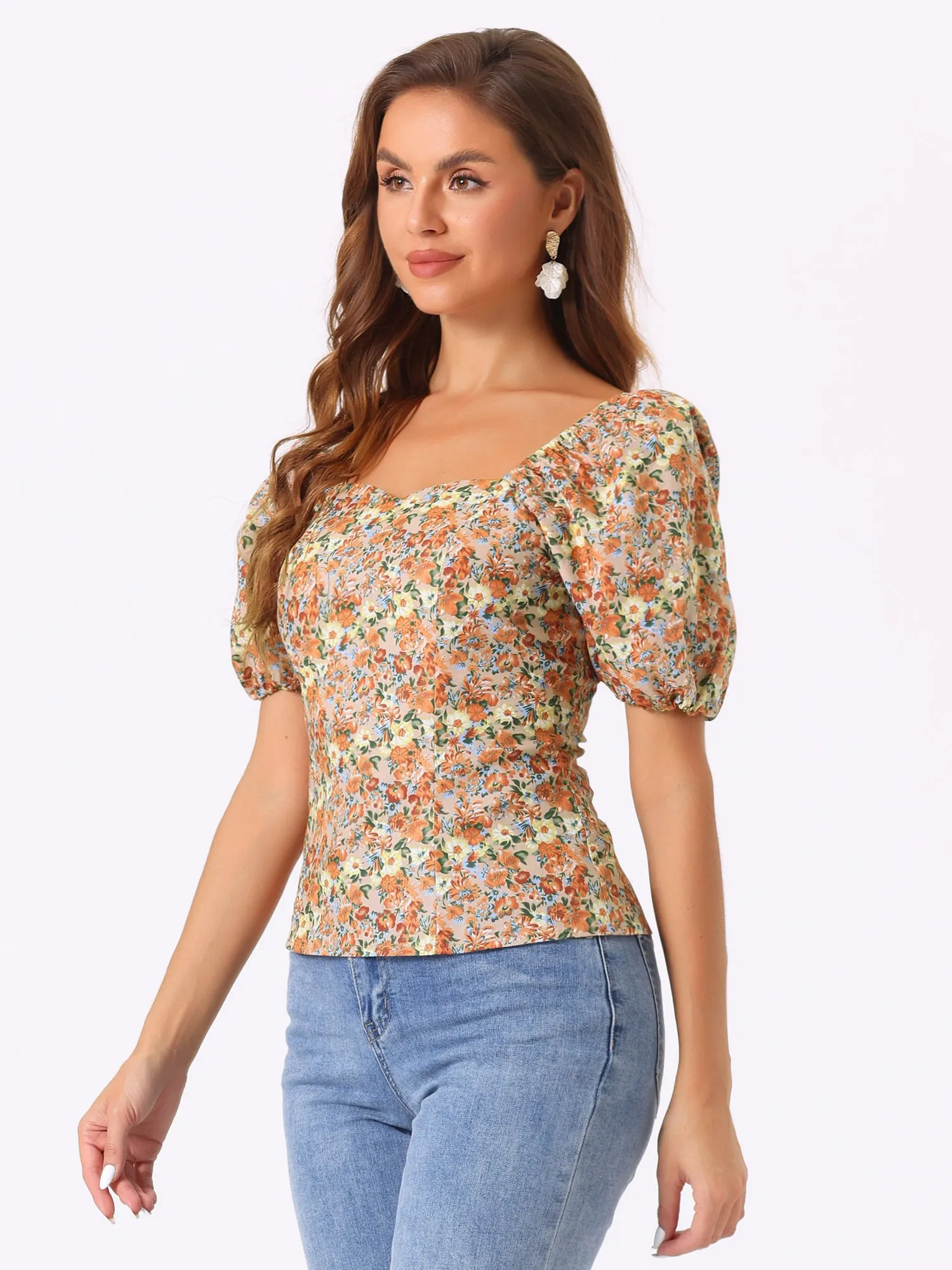 Puff Sleeve Square Neck Peasant Floral Blouse Top