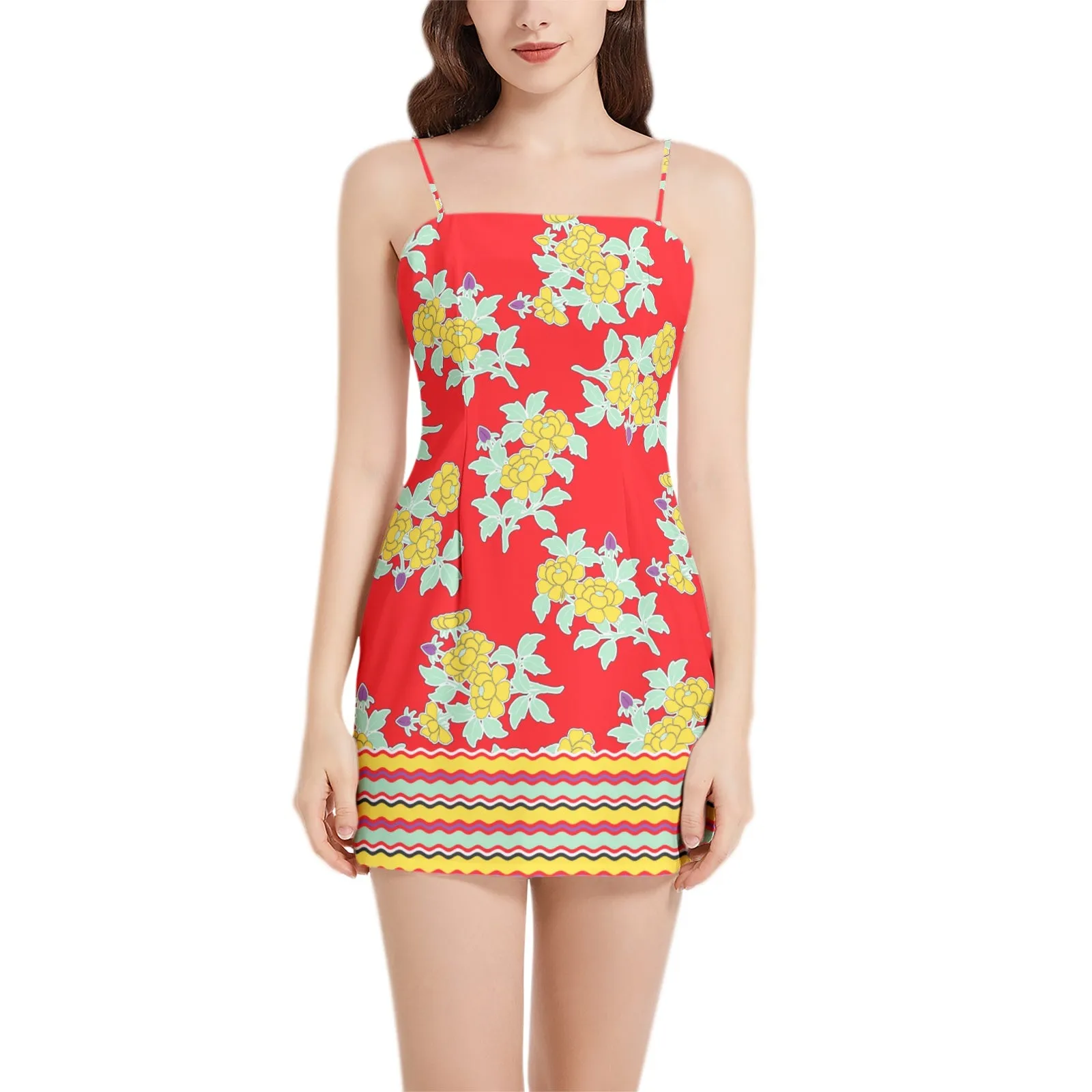 Royal Floral Sleeveless Square Neckline Spaghetti Strap Mini Dress