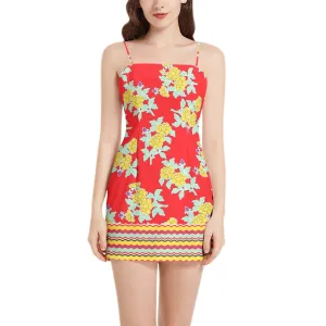Royal Floral Sleeveless Square Neckline Spaghetti Strap Mini Dress