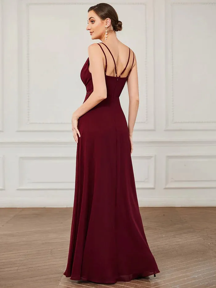 Sequin Belted Double Spaghetti Strap Chiffon Bridesmaid Dress