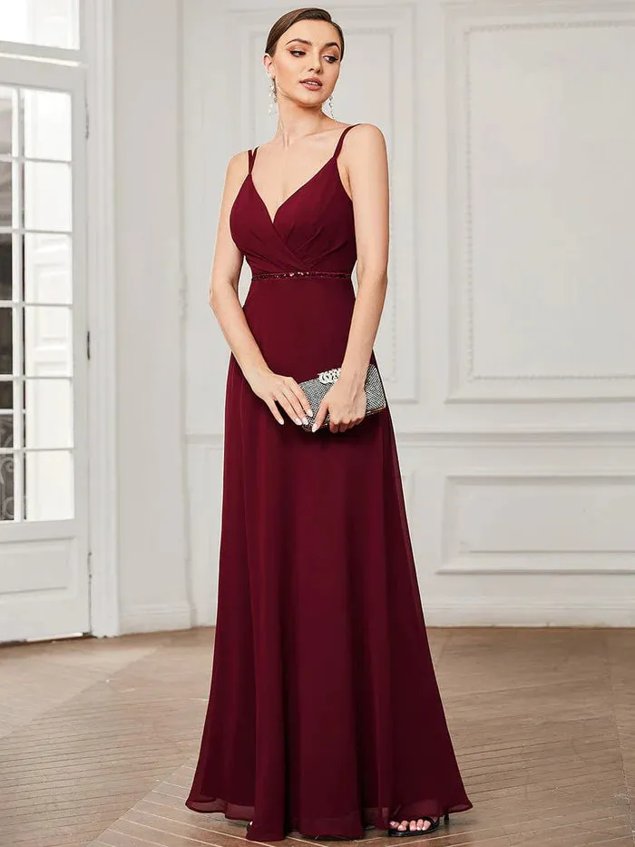 Sequin Belted Double Spaghetti Strap Chiffon Bridesmaid Dress