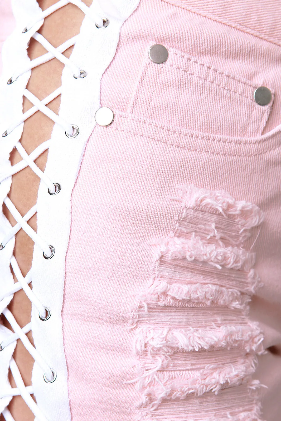 Side Lace-Up Distressed High Waisted Denim Shorts