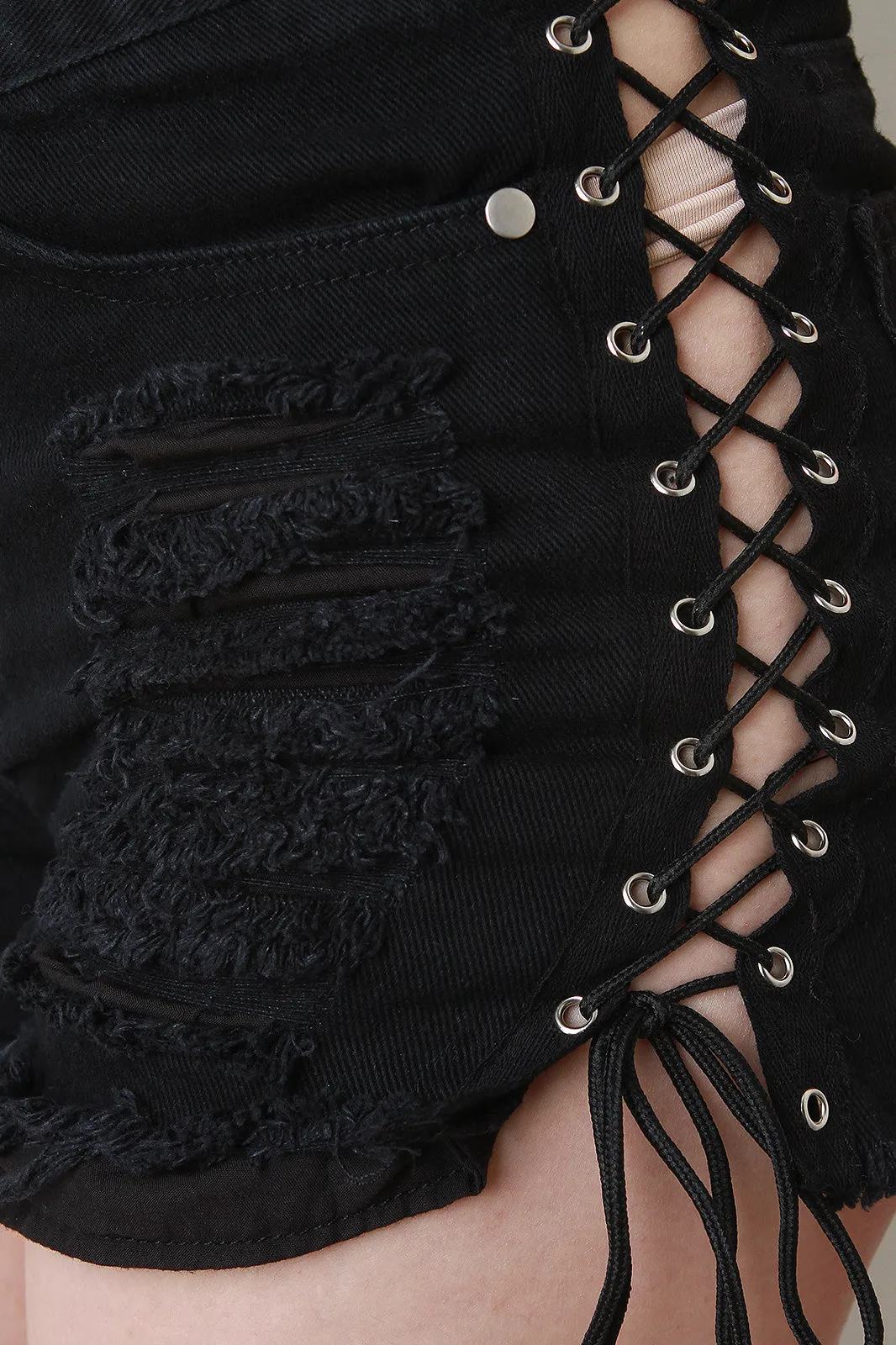 Side Lace-Up Distressed High Waisted Denim Shorts