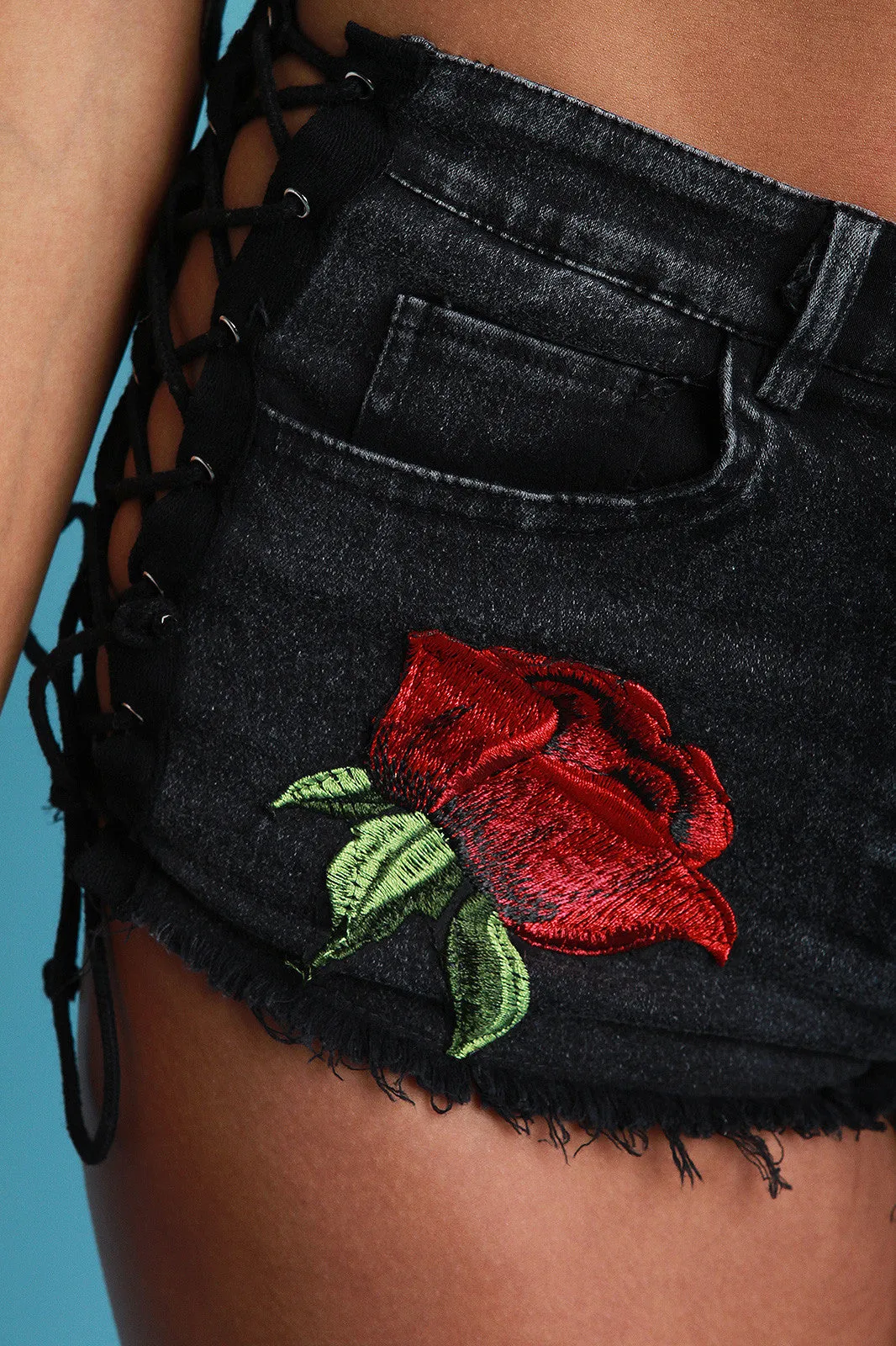 Side Lace-Up Rose Applique Hot Shorts