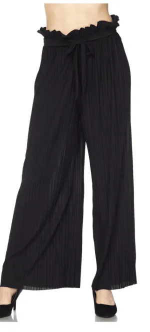 Solid Pleated Pants with Self Sash PB902A Black
