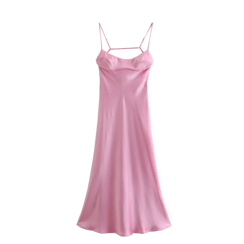 Spaghetti Strap Backless Camis Satin Long Dress