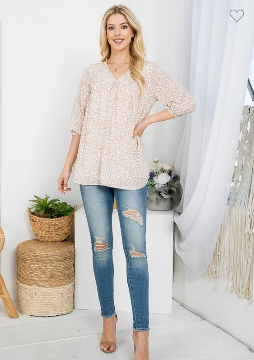 Taupe Leopard Print V Neck 3/4 Sleeve Chiffon Top