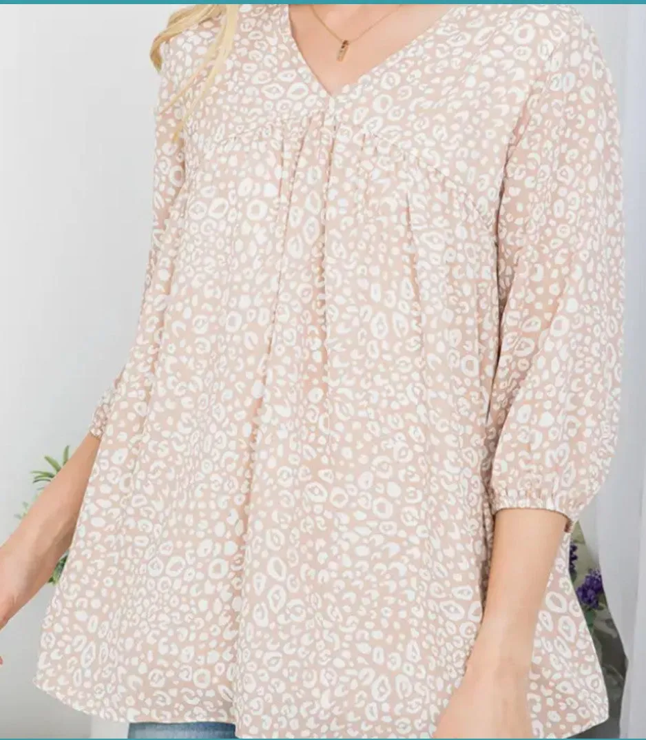 Taupe Leopard Print V Neck 3/4 Sleeve Chiffon Top