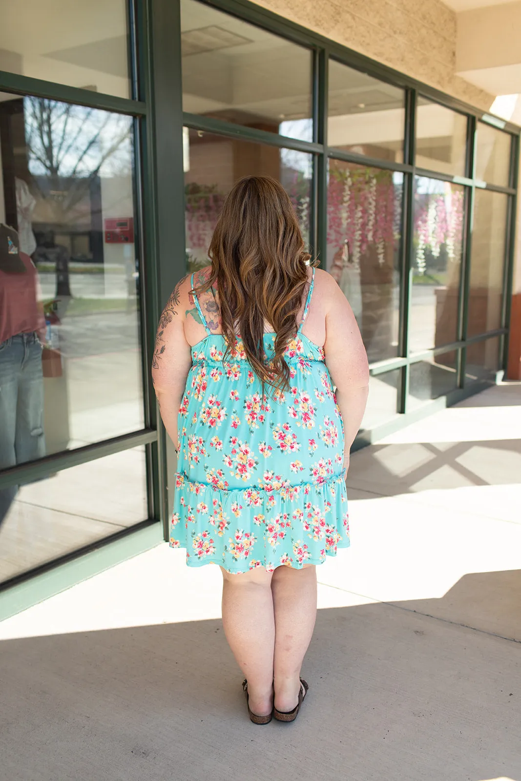 Turquoise Floral Frill Spaghetti Strap Dress (SM-3X)