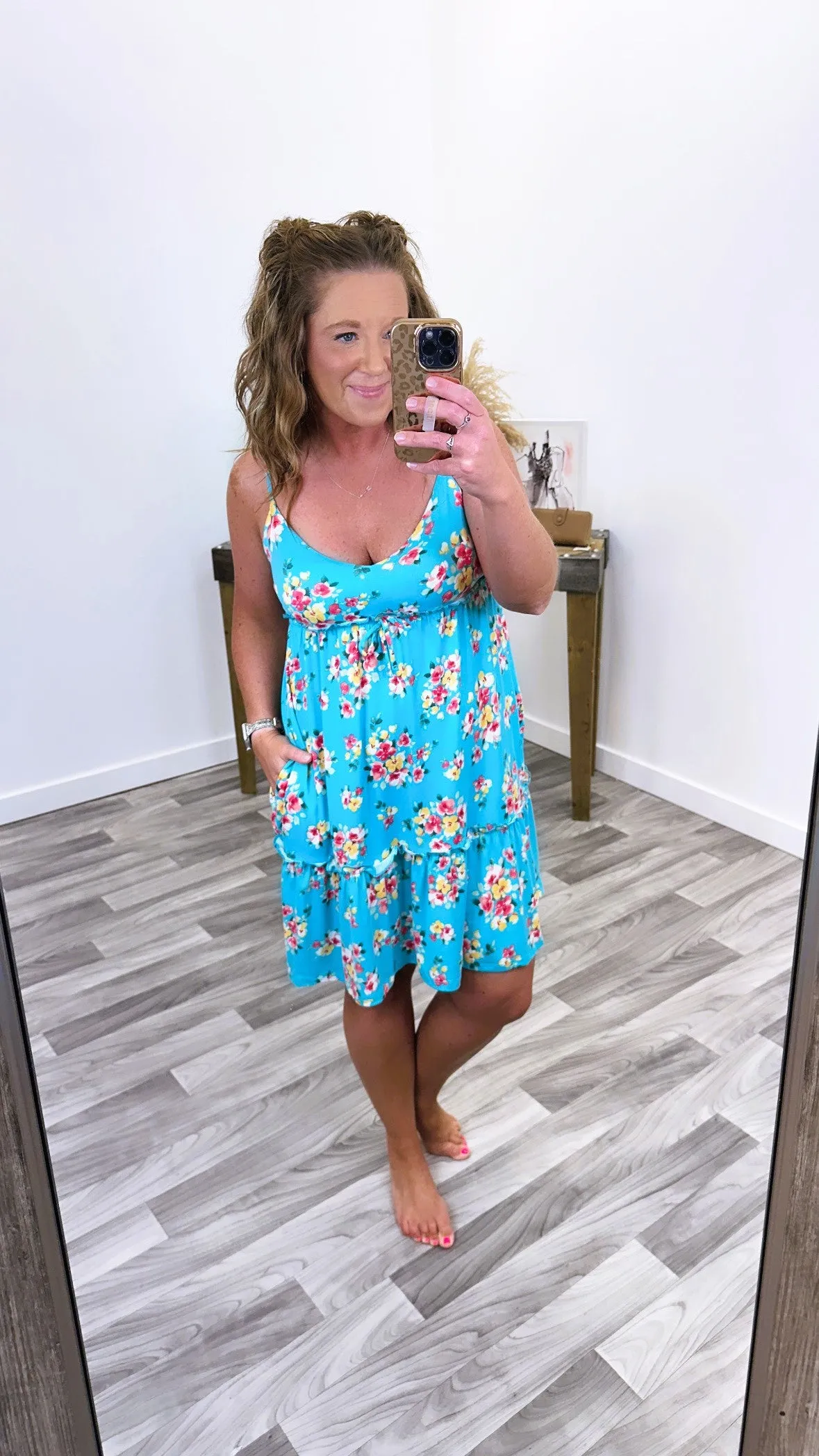Turquoise Floral Frill Spaghetti Strap Dress (SM-3X)