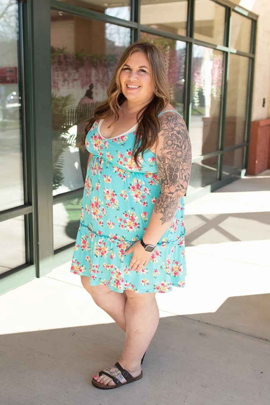 Turquoise Floral Frill Spaghetti Strap Dress (SM-3X)