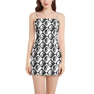 `Yin and Yang Sleeveless Square Neckline Spaghetti Strap Mini Dress